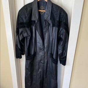 Vintage Black Leather Trench Coat with Mandala Design and Embroidered Suede Goth